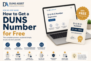 Infographic explaining whether a DUNS number is free or paid, showing free standard registration versus paid expedited processing through Dun and Bradstreet